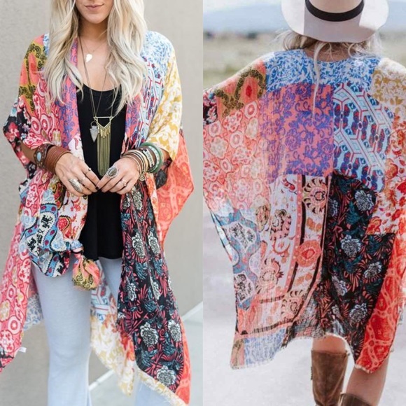 INDIE PRINTED KIMONO DUSTER COVER UP - Picture 9 of 10